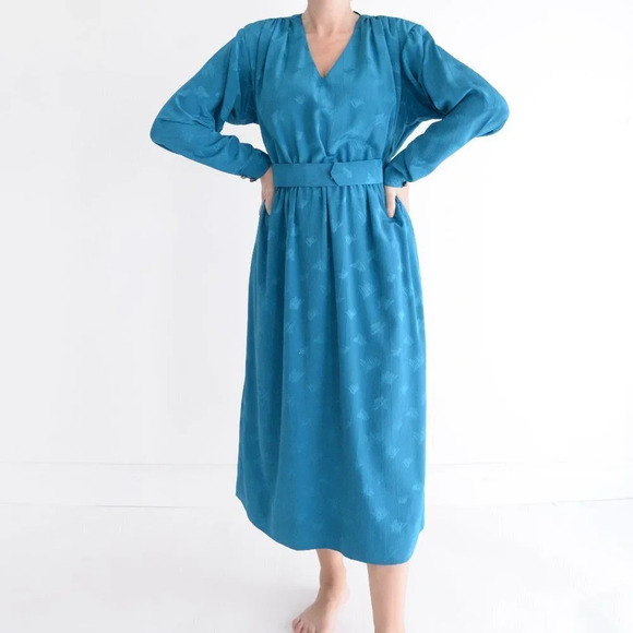 Vintage Teal Midi  Dress with Shoulder Pads & Belt - Picture 2 of 14